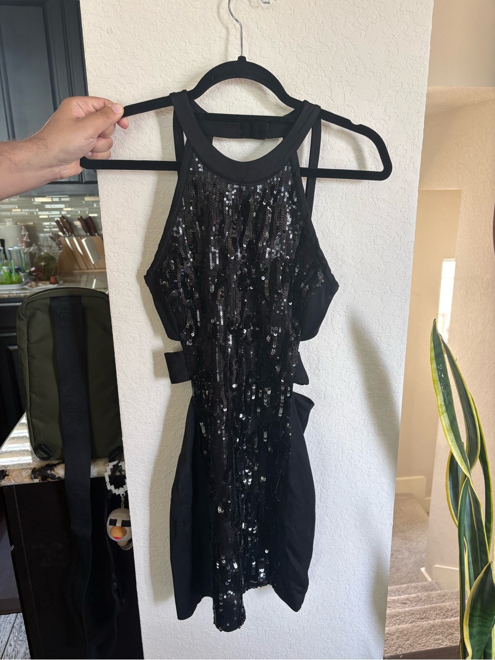 bebe Black Sequin Halter Mini Dress